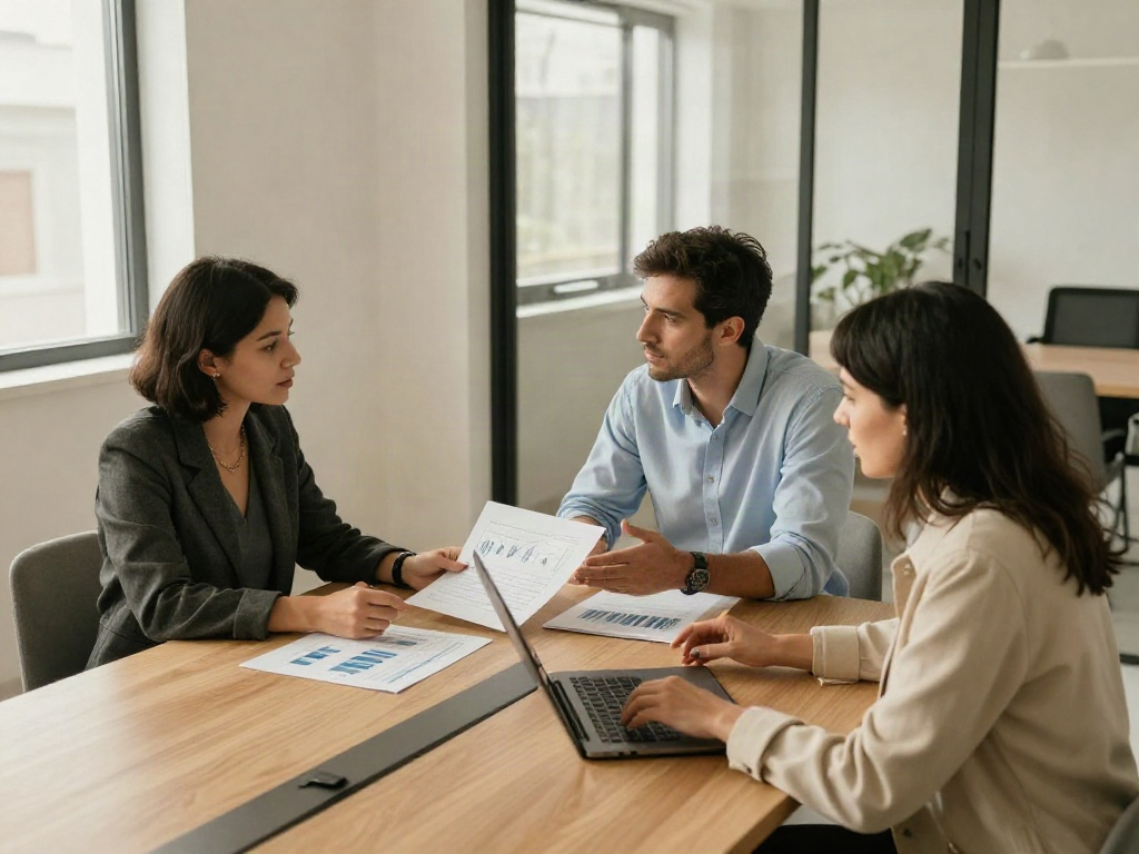 Business professionals discussing performance charts in a collaborative strategy session